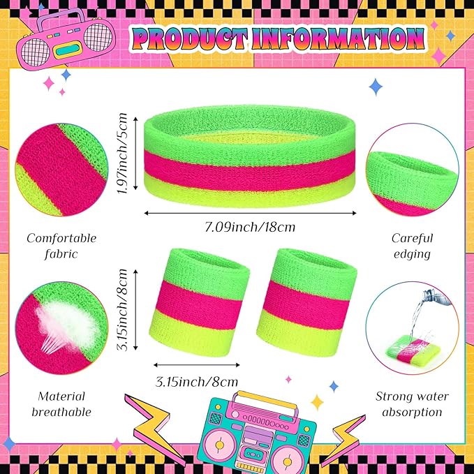 3 Pack Neon Sweatbands Set 80s Wristband and Headband Color War Accessories Sports Sweatbands for Summer Ball Party