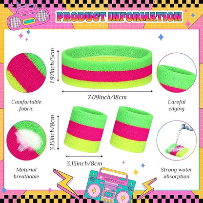 3 Pack Neon Sweatbands Set 80s Wristband and Headband Color War Accessories Sports Sweatbands for Summer Ball Party