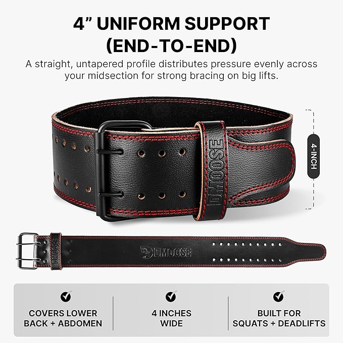DMoose Fitness Weight Lifting Belt for Lower Back Support - 5mm Thick Genuine Leather Gym Belt for Squats, Deadlifts & Powerlifting - Double Prong Buckle with 10 Holes Adjustability for Men & Women