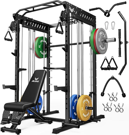 M21 Smith Machine, Multi-Function Power Cage with Dual Pulley Cable Crossover System, 2000LBS All-in-One Squat Rack with Smith Bar and Attachments for Home Gym Strength Training