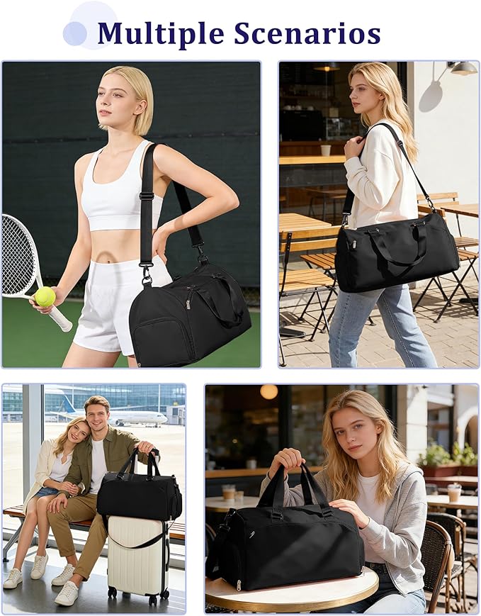 Gym Bag for Women with Shoe Compartment,Travel Duffel Bag for Men Sports Gym Tote Bags Carry on Overnight Bag Personal Item Travel Bag Weekender Bags Swimming Yoga Workout Bag Black