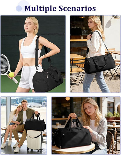 Gym Bag for Women with Shoe Compartment,Travel Duffel Bag for Men Sports Gym Tote Bags Carry on Overnight Bag Personal Item Travel Bag Weekender Bags Swimming Yoga Workout Bag Black