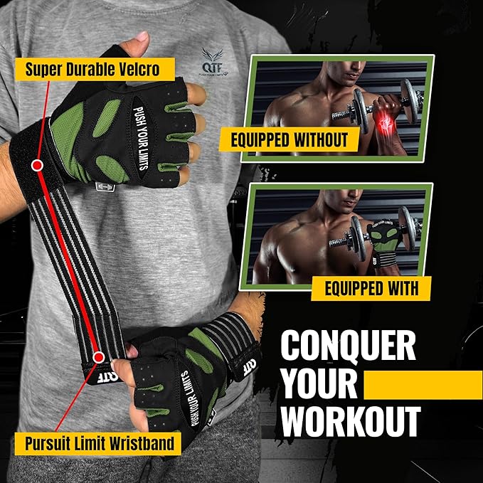 QTF Weight Lifting Gym Workout Gloves with Long Wrist Strap, Fingerless Gym Gloves for Men & Women, Full Palm Protection, for Weightlifting, Training, Fitness, Hanging