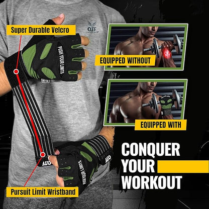 QTF Weight Lifting Gym Workout Gloves with Long Wrist Strap, Fingerless Gym Gloves for Men & Women, Full Palm Protection, for Weightlifting, Training, Fitness, Hanging