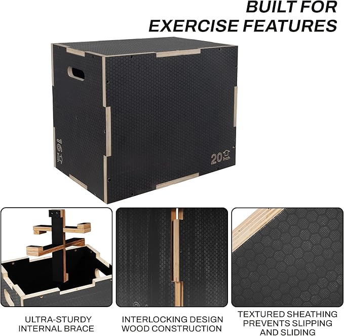 Signature Fitness 3 in 1 Non-Slip Wooden Plyo Box Jump Exercise Platform, Plyometric Workout Equipment for Home Gym, Training Step Box, Gray, Multiple Sizes