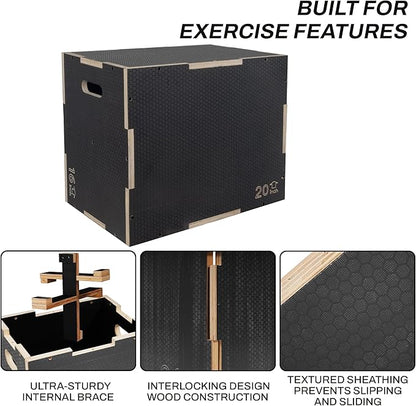Signature Fitness 3 in 1 Non-Slip Wooden Plyo Box Jump Exercise Platform, Plyometric Workout Equipment for Home Gym, Training Step Box, Gray, Multiple Sizes