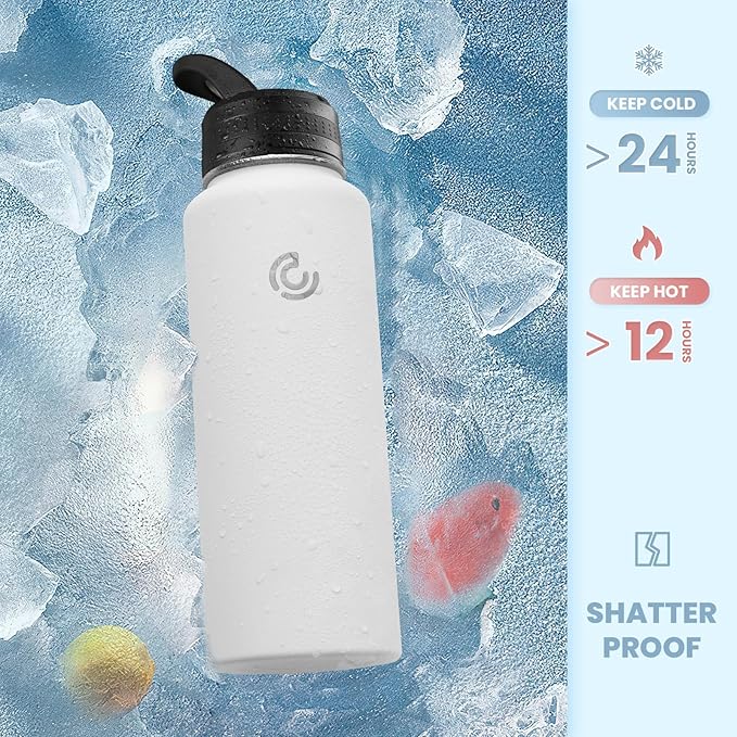 COKTIK 40oz Sports Water Bottle, Stainless Steel Water Bottle for Insulated, Reusable Travel Bottle, With Straw, With Handle Grip for Easy Carrying, Suitable for Cycling, Outdoor Vacations(White)