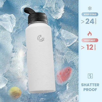 COKTIK 32oz Sports Water Bottle, Stainless Steel Water Bottle for Insulated, Reusable Travel Bottle, With Straw, With Handle Grip for Easy Carrying, Suitable for Cycling, Outdoor Vacations(White)