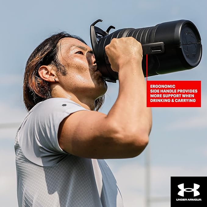 Under Armour Half Gallon Water Bottle Insulated, 64oz Insulated Water Bottle with Handle, Fence Hook, Leak Resistant, for Baseball, Football & More, Breeze Blue/Black