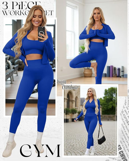 Women 3 Piece Seamless Workout Set Sports Bra High Waisted Gym Yoga Leggings Zip Up Jacket with Thumbhole Activewear