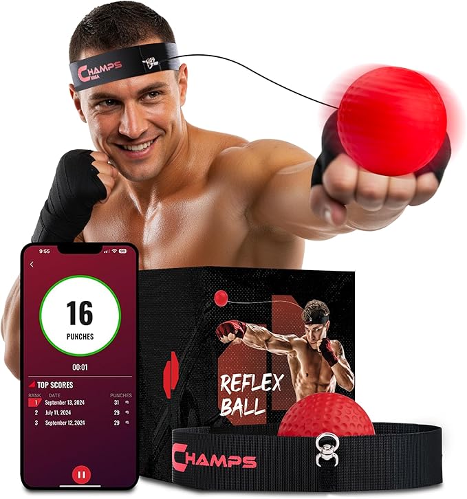 Champs MMA Boxing Reflex Ball with Punch Counter App | Boxing Equipment - Speed, Agility & Reflex Training | Hand Eye Coordination Training |Adjustable Headband| MMA Gear for Adults & Kids (Advanced)