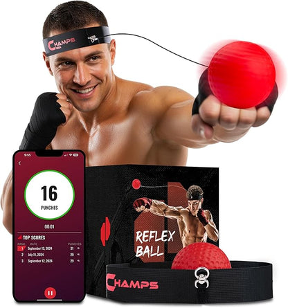 Champs MMA Boxing Reflex Ball with Punch Counter App | Boxing Equipment - Speed, Agility & Reflex Training | Hand Eye Coordination Training |Adjustable Headband| MMA Gear for Adults & Kids (Advanced)