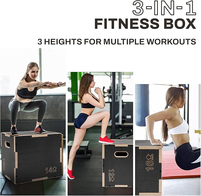 Signature Fitness 3 in 1 Non-Slip Wooden Plyo Box Jump Exercise Platform, Plyometric Workout Equipment for Home Gym, Training Step Box, Gray, Multiple Sizes