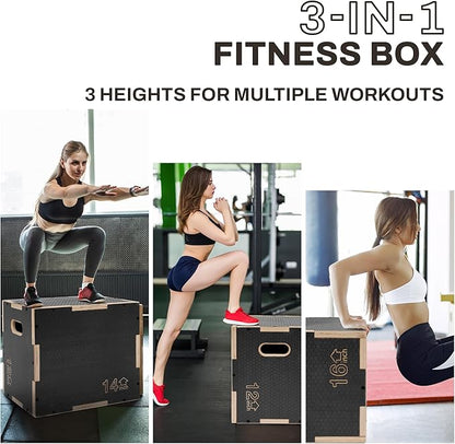 Signature Fitness 3 in 1 Non-Slip Wooden Plyo Box Jump Exercise Platform, Plyometric Workout Equipment for Home Gym, Training Step Box, Gray, Multiple Sizes