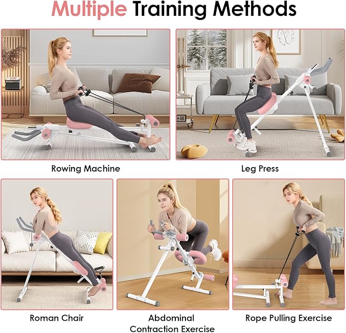 Multi Functional Adjustable Ab Trainer, Ab Machine for Stomach Workout, 5-in-1 Exercise Equipment: Rowing Machine, Leg Press Machine, Ab Glider Machine,Roman Chair,Resistance Bands with Handles