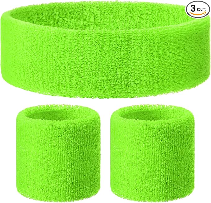 3 Pack Neon Sweatbands Set 80s Wristband and Headband Color War Accessories Sports Sweatbands for Summer Ball Party