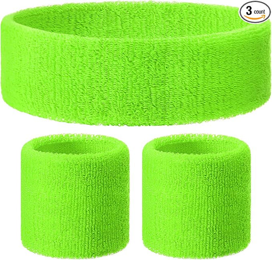 3 Pack Neon Sweatbands Set 80s Wristband and Headband Color War Accessories Sports Sweatbands for Summer Ball Party