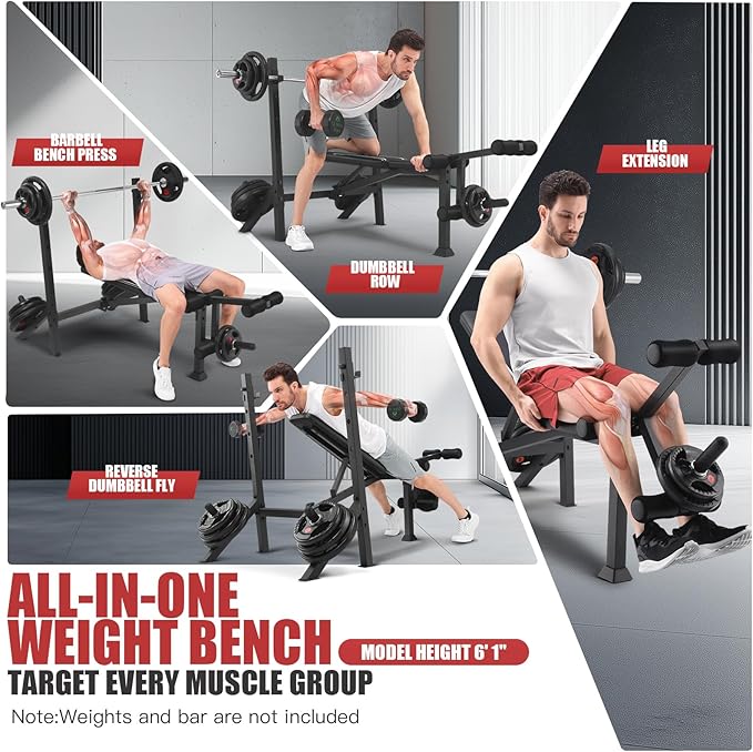ANCHEER 900LBS Weight Bench Set with Squat Rack, Adjustable Bench Press Set with Leg Extension and Leg Curl, Flat Incline Decline Workout Bench for Home Gym Full Body Strength Training