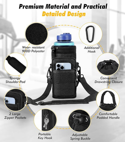Nuovoware Water Bottle Carrier Bag,25oz/40oz/64oz Bottle Pouch Holder,Adjustable Shoulder Hand Strap 2 Pocket Sling Neoprene Sleeve Sports Accessories for Hiking Travelling Camping