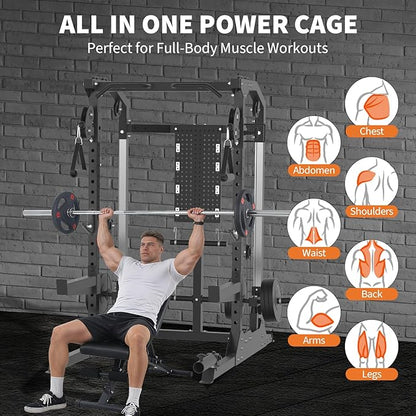 Power Cage, 2000LB Power Rack with Independent Dual Pulley System, Multi-Function Home Gym Workout Machine for Stability & Strength Training