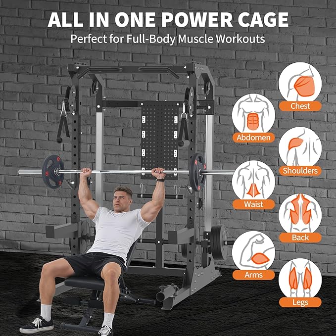 Power Cage, 2000LB Power Rack with Dual Independent Pulley System, Squat Rack with Adjustable Cable Crossover, Multi-Function Home Gym Workout Machine for Home