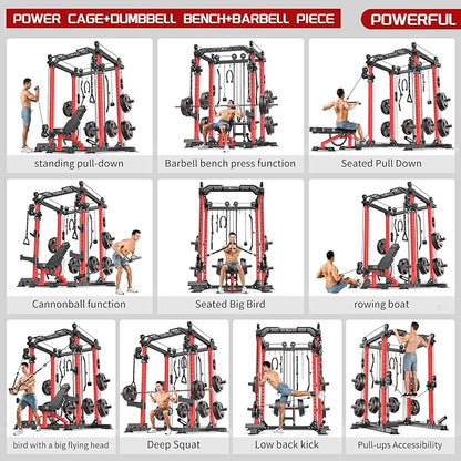 Multi-Purpose Squat Rack,Smith Machine Weight Rack Set with Cable Crossover System, Home Gym Power Racks, Power Racks and Packages