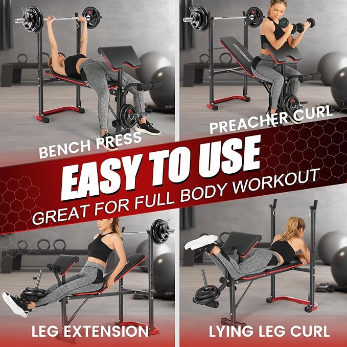 OPPSDECOR Weight Bench Set with Squat Rack, Leg Extension & Preacher Curl Pad, 660LBS Full Body Home Gym Bench Press for Beginners, Women & Teens