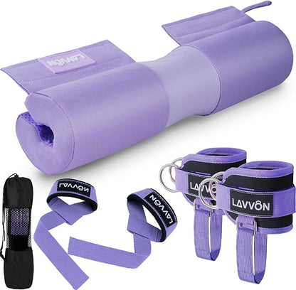 Barbell Squat Pad Set- Nylon Padding AntiSlip- Thick Foam Barbell Pad for Squats Cushion,Lunges&Bar Padding for Hip Thrusts -Standard Olympic Weight Bar Pad (Wrist Straps Weightlifting-Ankle Straps)