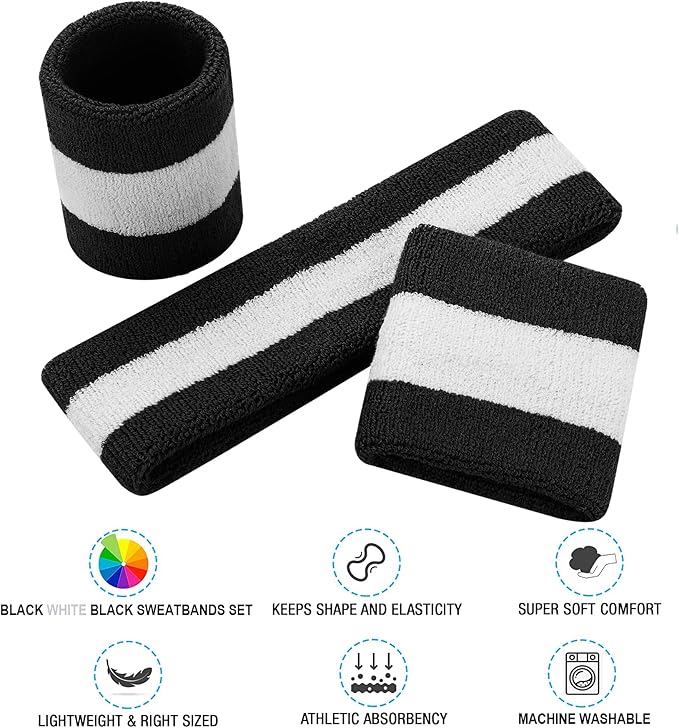 Sweatbands Headband and Wrist Set, Cotton Sweat Band for Athletic Men and Women, Sweatbands Sports Headbands for Working Out, Running, Basketball, Tennis, Yoga