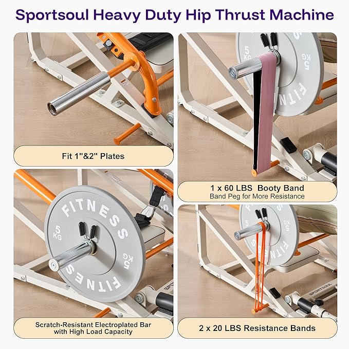 SPORTSOUL Foldable Hip Thrust Machine with Weight Holder, Plate-Loaded Glute Bridge Machine with Band Peg, Heavy Duty Glute Workout Equipment Home Gym for Booty Muscles Building, Adjustable Footboard