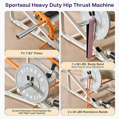 SPORTSOUL Foldable Hip Thrust Machine with Weight Holder, Plate-Loaded Glute Bridge Machine with Band Peg, Heavy Duty Glute Workout Equipment Home Gym for Booty Muscles Building, Adjustable Footboard