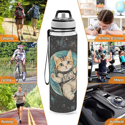 Fustylead Cute Cat Wearing Spacesuits in Space 32oz BPA Free Water Bottle, Leak-proof Bottle with Carrying Strap, Clear Sports Bottle for Running Cycling Camping