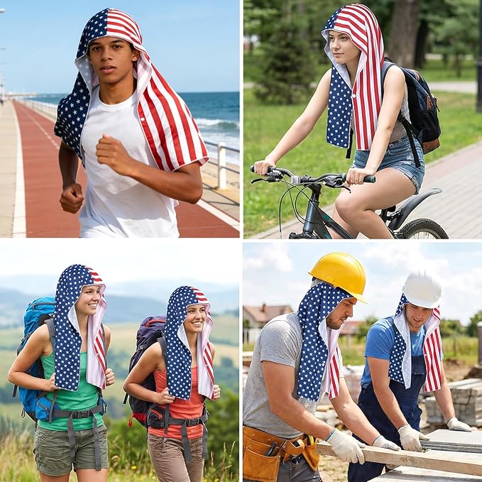Yi-gog 6Pcs Cooling Hoodie Towel 24"x12" American Flag Ice Cooling Towels UPF 50 Sun Protection Microfiber Absorbent Sweat Rags for Sports Fitness Gym Biking Running