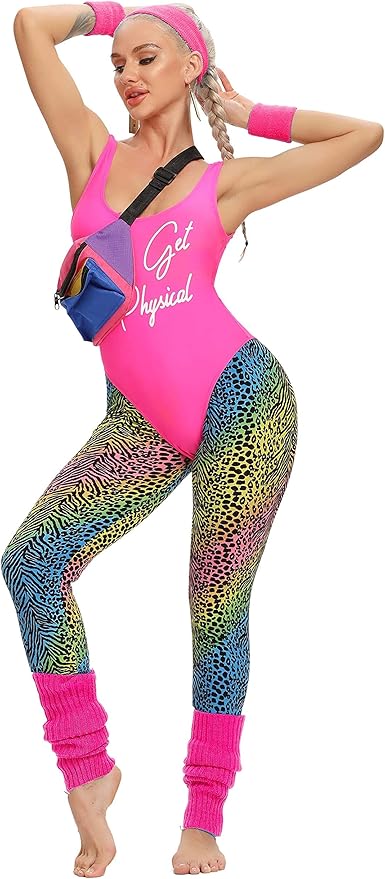 MIAIULIA Womens 80s Workout Costume Outfit 80s Accessories Set Leotard Neon Legging Headband Wristbands Set