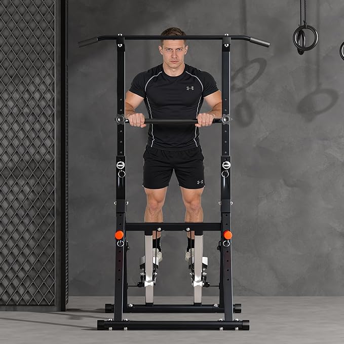 Power Tower Pull Up Station, soges Foldable Pull Up Bar Dip Station with Stair Stepper, Adjustable Free Standing Strength Training Equipment for Home Gym, Multi-Function Workout Tower