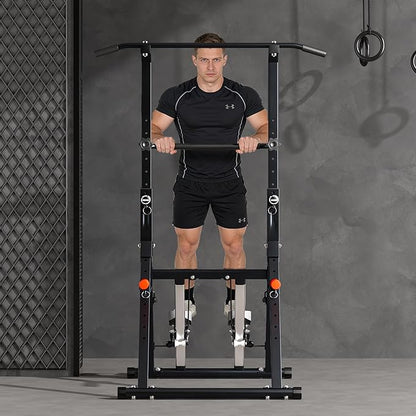 Power Tower Pull Up Station, soges Foldable Pull Up Bar Dip Station with Stair Stepper, Adjustable Free Standing Strength Training Equipment for Home Gym, Multi-Function Workout Tower