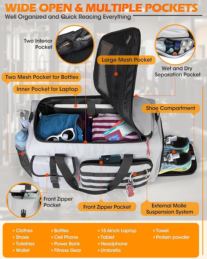 RAINSMORE Gym Bag for Men, 45L Sports Travel Duffel Bag with Shoe & Laptop Compartment, Gym Workout Backpack Carry On Weekender Bag Overnight Backpack for Travel, Grey