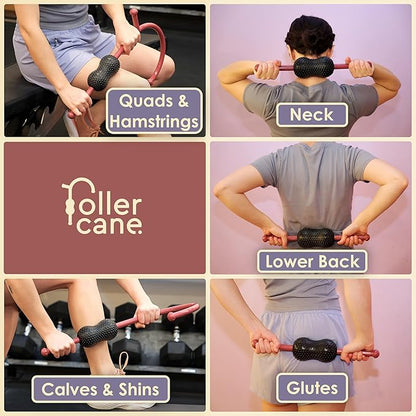 Roller Cane Massager | 2-in-1 Massage Roller Stick & Trigger Point Cane | Rubber Ball for Deep Tissue, Myofascial Release & Muscle Recovery (Red)