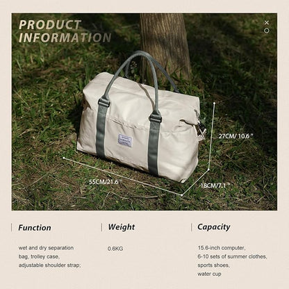 WISEPACK Travel Duffel Bags for Women & Men - Waterproof Weekender, Carry-On, Sports & Gym Bag with Wet Pocket, Overnight & Workout Duffel with Trolley Sleeve - Beige with Green