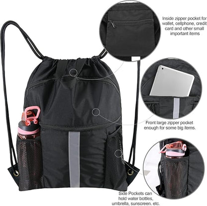 BeeGreen Drawstring Backpack Bag with Shoe Compartment, X-Large Black Gym Sports String Cinch Backpack