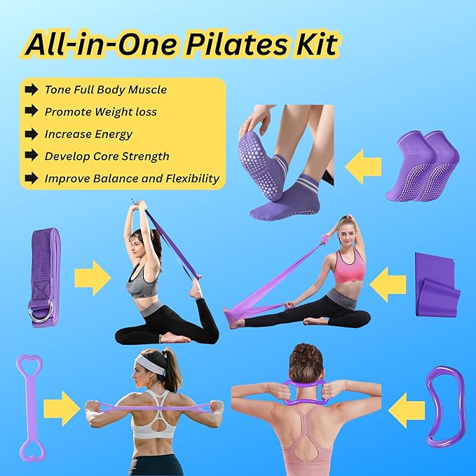 Pilates Kit for Home Workouts, 13-Pcs Pilates Essentials Kit with Ring and Ball Set, Resistance Bands, Home Pilates Equipment for Women, Starter Workout Kit for Beginners