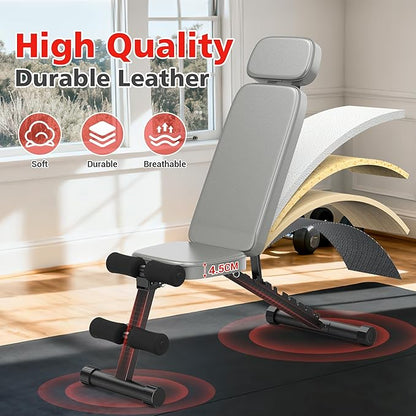 XDDIAS Workout Bench, 10 Backrests Adjustable Weight Bench with Extended Headrest, 800LBS Foldable Weight Bench for Home Gym, Incline Decline Flat Bench Compact for Small Space Training