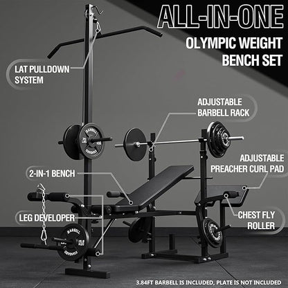 Mikolo 8 in 1 Olympic Weight Bench Set with Leg Extension and Leg Curl, Multi-Function Bench Press Set with Preacher Curl Pad and Chest Fly, Full-Body Strength Training Equipment