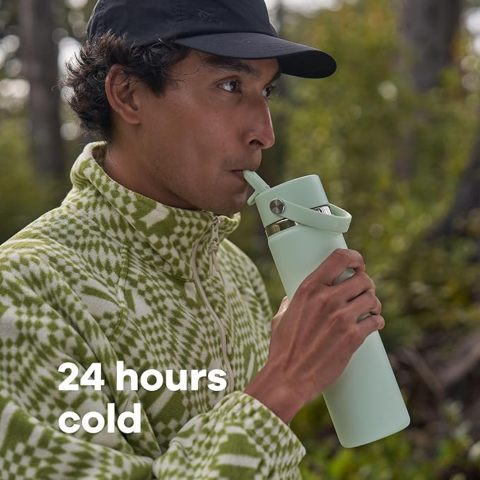 Hydro Flask Water Bottle - Insulated Stainless Steel - Wide Mouth Flex Straw Lid, Non Spill, Leakproof and Refillable in 24 Oz Tonal Birch
