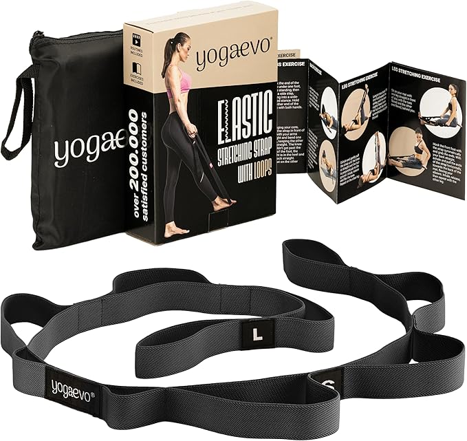 YOGA-EVO Elastic Stretching Strap with 10 Loops Premium Cotton Yoga Strap for Flexibility, Physical Therapy & Muscle Activation Includes Comprehensive HD Video Training & Digital Guide Latex-Free