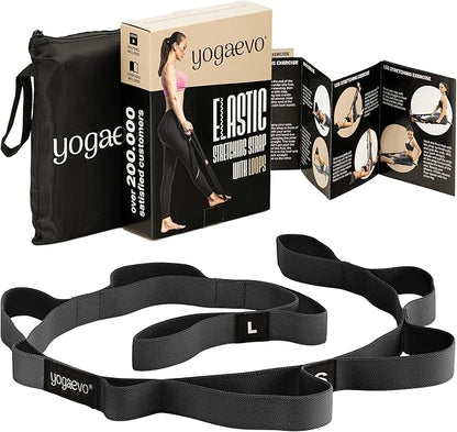 YOGA-EVO Elastic Stretching Strap with 10 Loops Premium Cotton Yoga Strap for Flexibility, Physical Therapy & Muscle Activation Includes Comprehensive HD Video Training & Digital Guide Latex-Free
