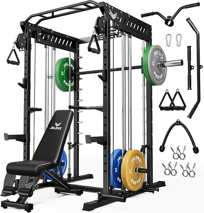 M21 Smith Machine, Multi-Function Power Cage with Dual Pulley Cable Crossover System, 2000LBS All-in-One Squat Rack with Smith Bar and Attachments for Home Gym Strength Training
