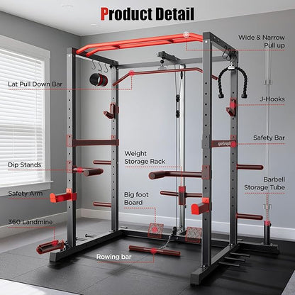 Sportsroyals Squat Rack, LAT Power Cage, Power Rack Multi-Function with Pulley System and Training Attachments for Home Gym