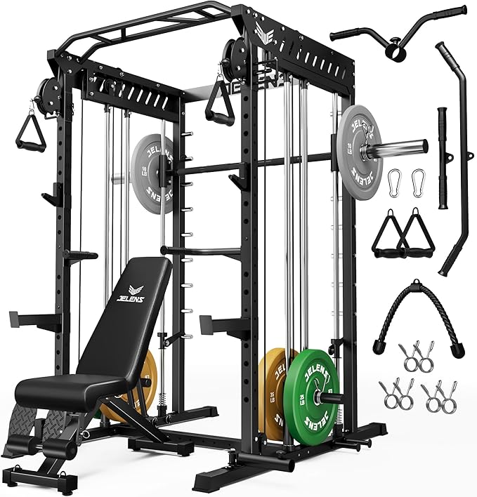 M21 Smith Machine, Multi-Function Power Cage with Dual Pulley Cable Crossover System, 2000LBS All-in-One Squat Rack with Smith Bar and Attachments for Home Gym Strength Training
