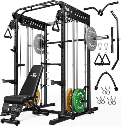 M21 Smith Machine, Multi-Function Power Cage with Dual Pulley Cable Crossover System, 2000LBS All-in-One Squat Rack with Smith Bar and Attachments for Home Gym Strength Training